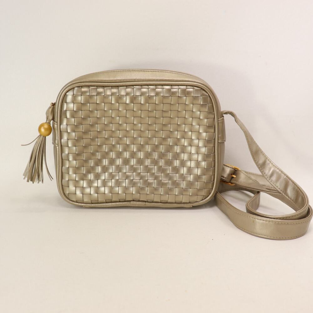 Classic Pewter Weave Handbag Women s Faux Leather Lined Purse Shoulder Bag